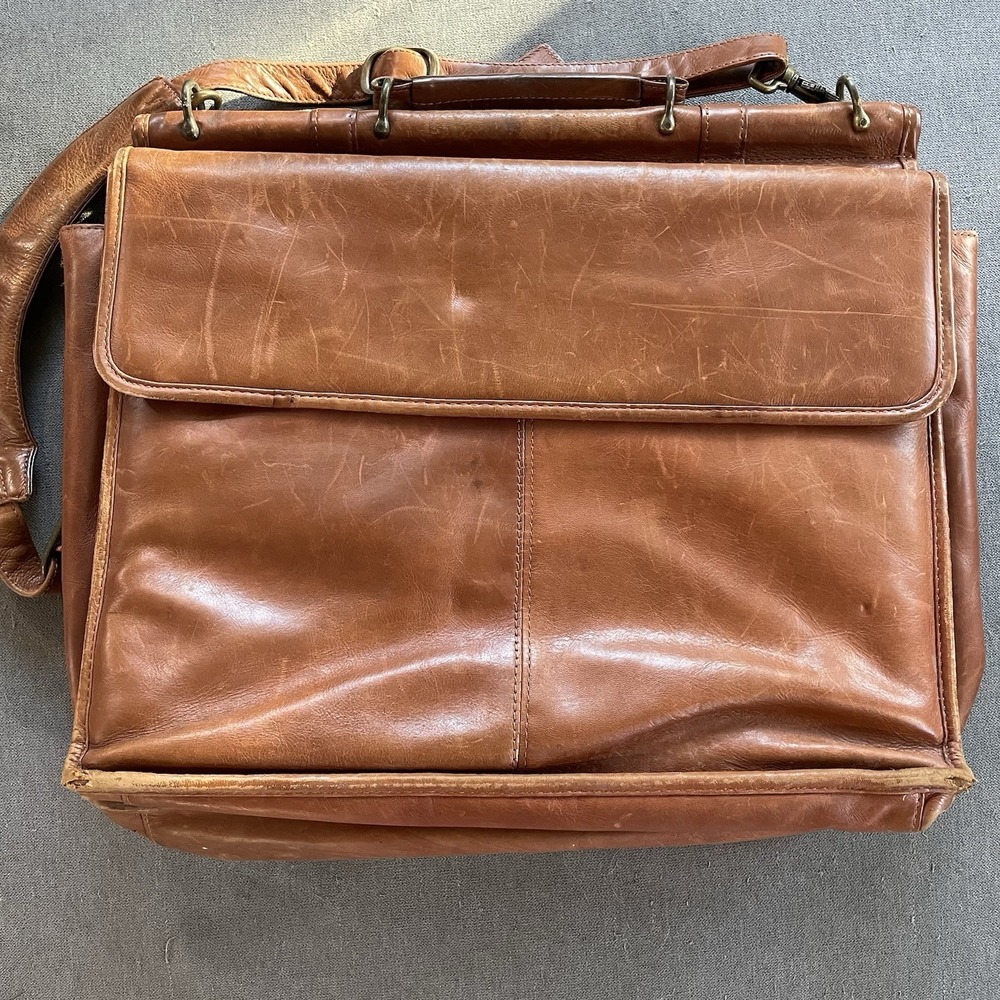 Vintage Wilsons Mens Cognac Leather Briefcase Messenger Bag Alla Moda Bellezza - Picture 8 of 10